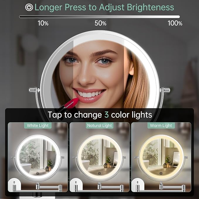 FUNTOUCH 2500mAh Rechargeable Wall Mounted Lighted Makeup Vanity Mirror 8 Inch