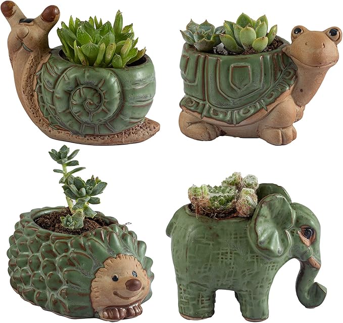 Small Succulent Pots with Drainage, Ceramic Animal Planter, Indoor Plant, Cute Cactus/Bonsai Flower Pots for Home Decor and Office Desk Decoration, A Set of 4 Pieces is Suitable as A Gift