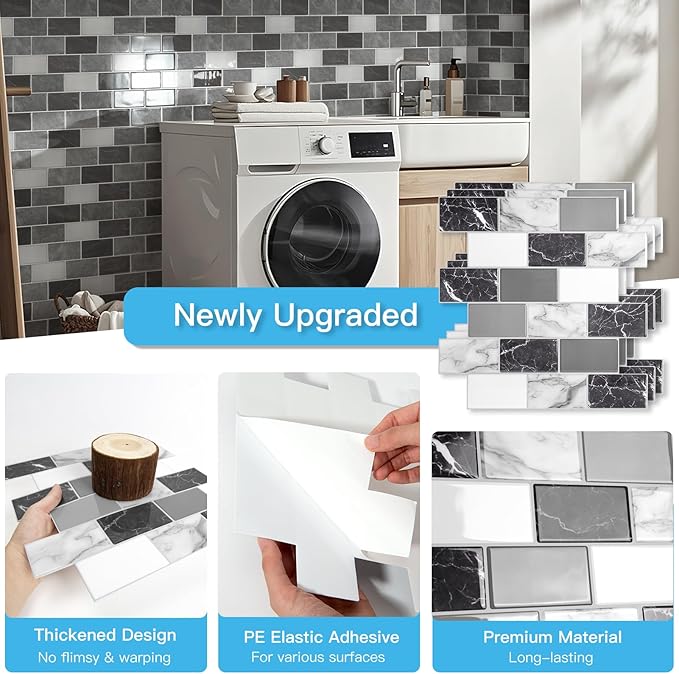 Art3d Peel and Stick Black White Grey Marble Wall Tiles – 12"x12" Thicker