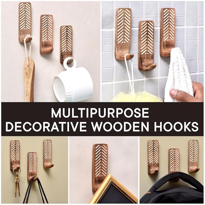 IndianShelf 10 LB- 3 Pieces Decorative Wood Adhesive Wall Hooks–Boho Peel and