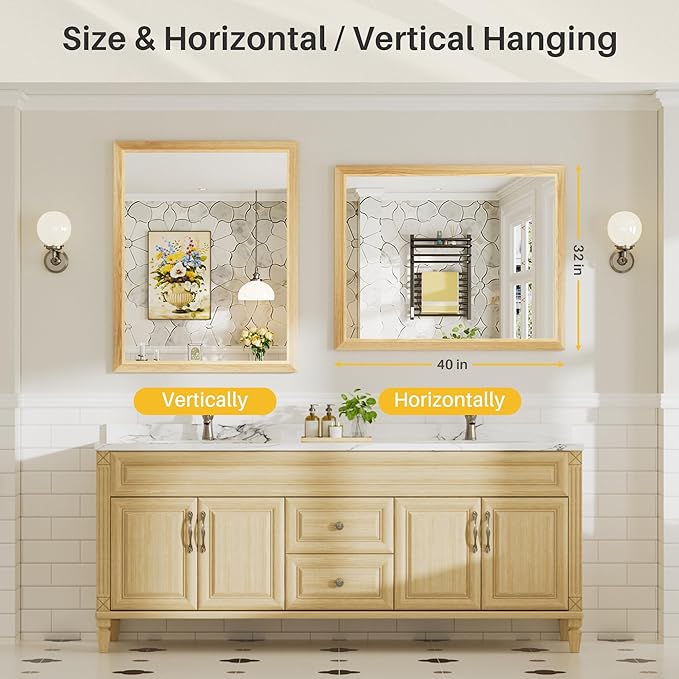 40x32 Inch Bathroom Mirror for Wall, Anti-Rust Oak Wood Grain Metal Framed