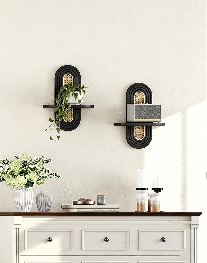 Floating Shelves for Wall, Boho Home Wall Decor, Rattan Plant Shelf Set of 2