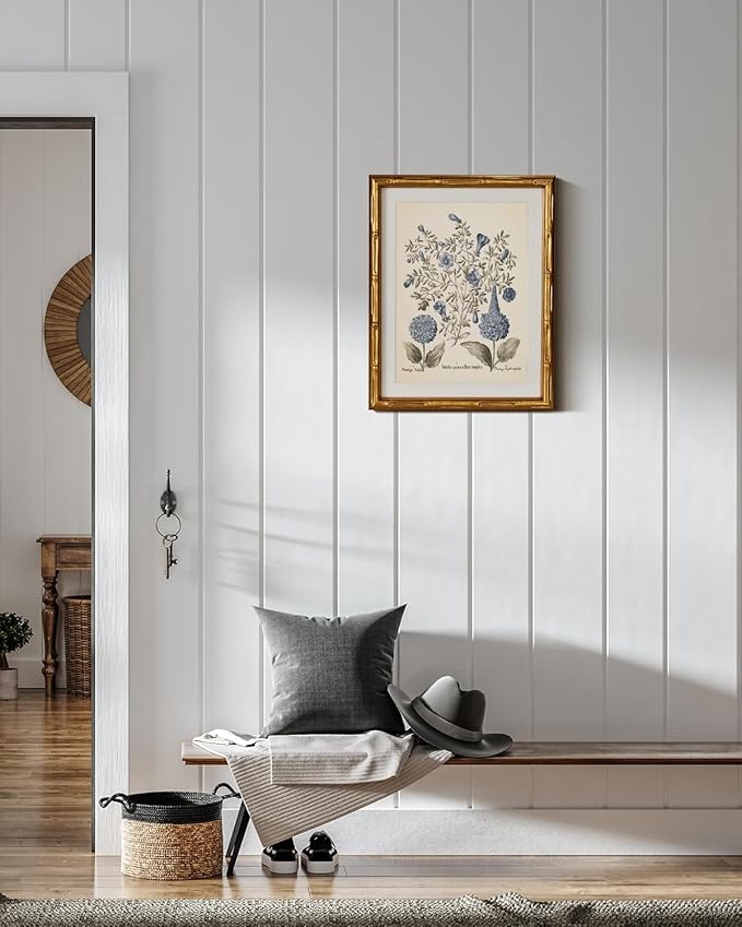 InSimSea Gold Bamboo Framed Canvas Wall Art, Retro Blue Hydrangea Botanical