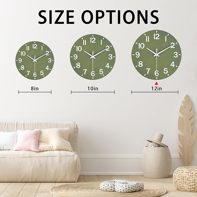 HZDHCLH Wall Clock 12 Inch Silent Non Ticking Wood Battery Operated Green