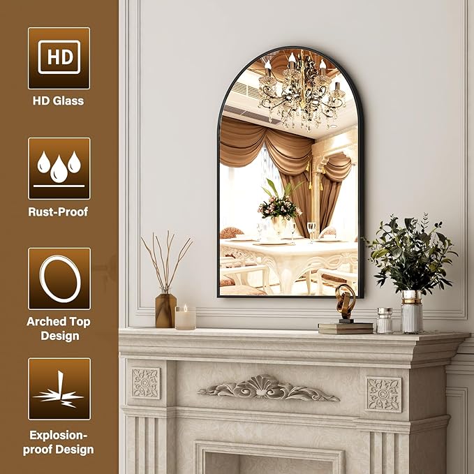 XRAMFY 20"x30" Black Arched Bathroom Mirror