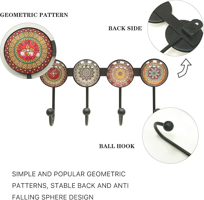 Coat Rack Wall Mounted with 4 Hooks, Round Brown Pattern Decorative Wall Hooks