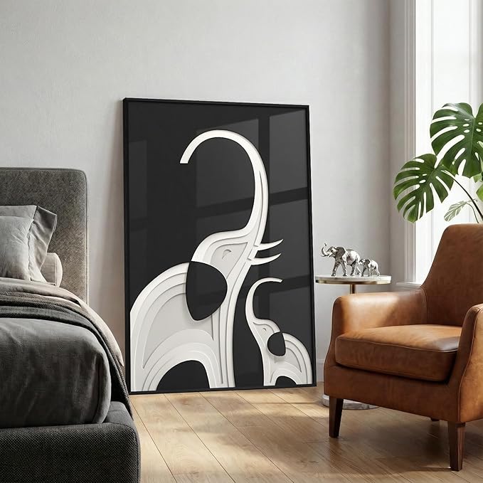 Large Framed Modern Black and White Wall Art, Contemporary Animal Elephant