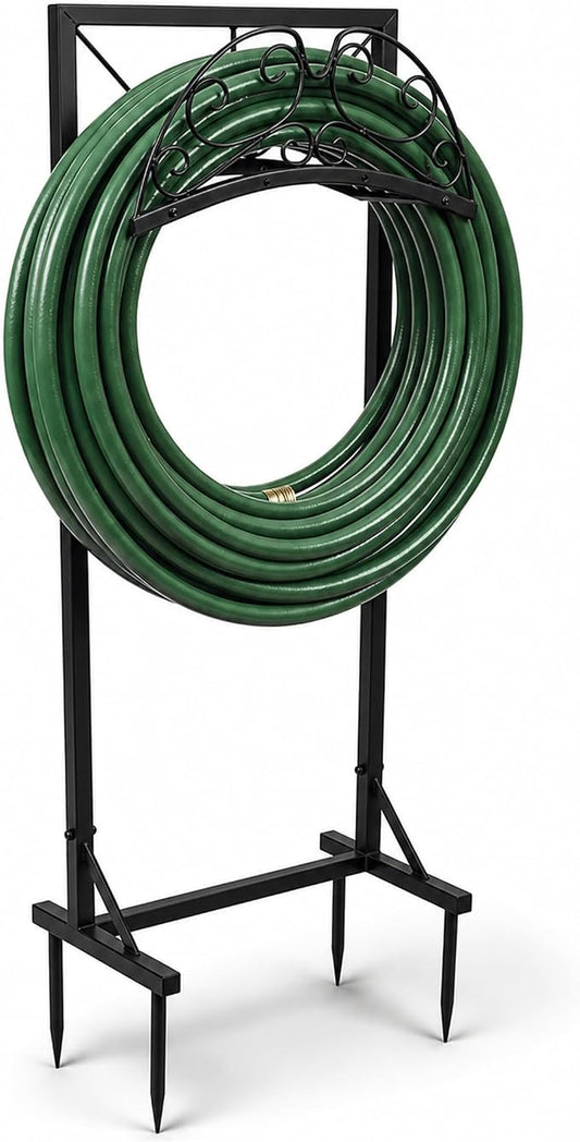 Garden Hose Holder Stand, Heavy Duty Freestanding Metal Rack | Reinforced Triangle Support, Dual Ground Stakes & Weather-Resistant Finish for Elegant Outdoor Storage