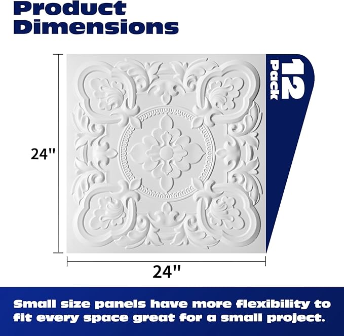Art3dwallpanels 12 Pack Drop Ceiling Tiles, 24 x 24 Inch High Grade PVC 3D Wall