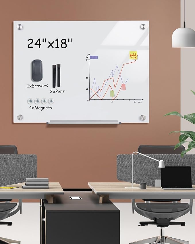 Mifuro Magnetic Glass Whiteboard，24"x18" Wall Mounted Frameless Dry Erase Board for Office, Home & School Ultra White