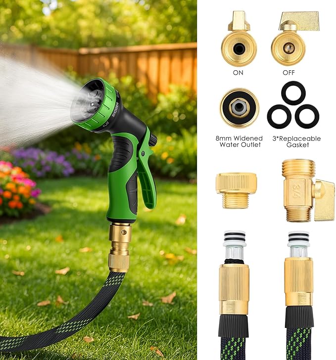 Non-Expandable Garden Hose 50FT, Heavy-Duty Flexible Water Hose, No-Kink Design with 10-Pattern Spray Nozzle, Solid Brass Connectors, Leak-Proof, Includes Hose Hanger & Extra Washers (100FT)