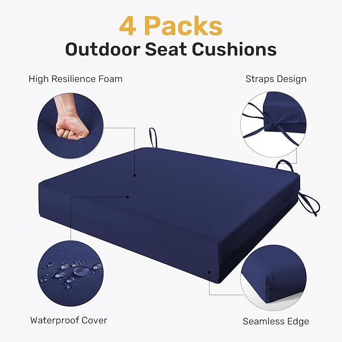 UNIKOME Outdoor Chair Cushions Pack of 4, Water Resistant Patio Cushions with Ties, High Density Sponge Filling Square Corner Seat Cushions for Outdoor Furniture, 24"*24"*4", Navy Blue