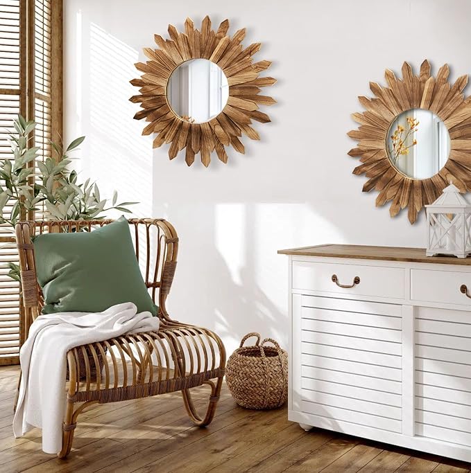 LOSOUR 2 Pack 22 Inch Boho Wall Sunburst Mirror Rustic Round Wood Decorative