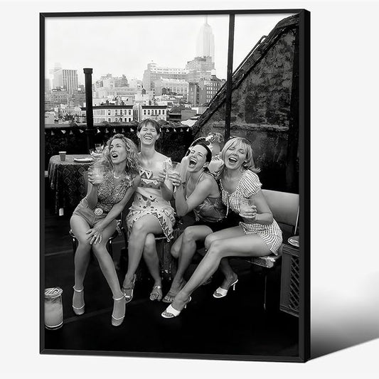 Retro Black And White Woman Black Framed Wall Art Fashion Rooftop Party Posters