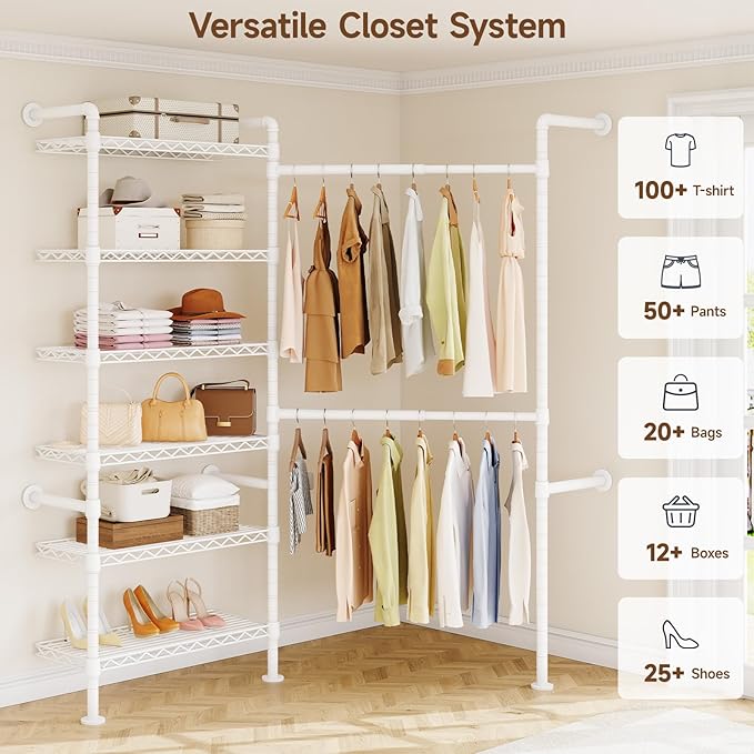 L2 Wall Mounted Closet System, Industrial Pipe Clothing Rack Clothes Racks