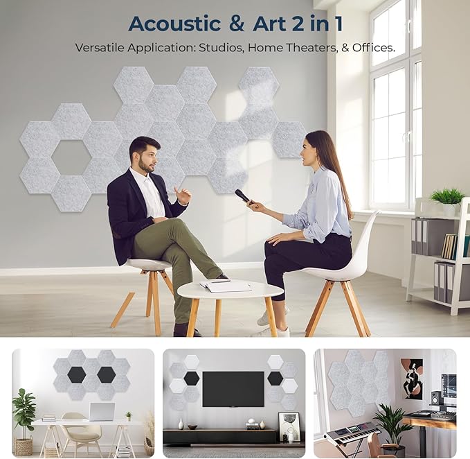 12 Pack Hexagon Acoustic Panels, Self-Adhesive Acoustic Wall Panels