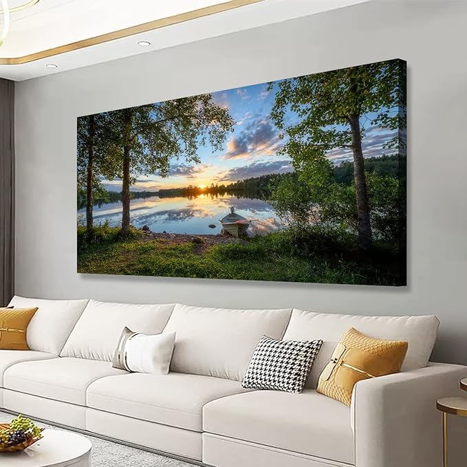 Tree Canvas Wall Art of a Sunrise Over a Forest Lake 24x48inches Nature Inspired Painting Perfect for Wall Decoration in Living Room and Bedroom Trees and Landscape Picture Artwork Prints