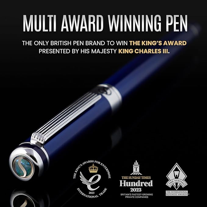 Scriveiner Midnight Blue Fountain Pen - Stunning Luxury Pen with Chrome Appointments, Schmidt Nib (Fine), Best Pen Gift Set for Men & Women, Professional, Executive, Office, Nice Pens
