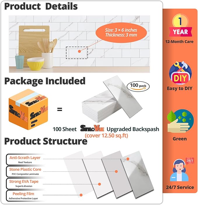 StyloVue 100 Pieces Peel and Stick Backsplash