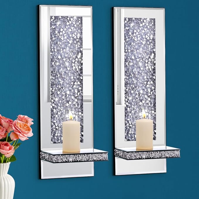 Aeveco Crystal Crush Diamond Mirrored Candle Sconces, Wall Decorations