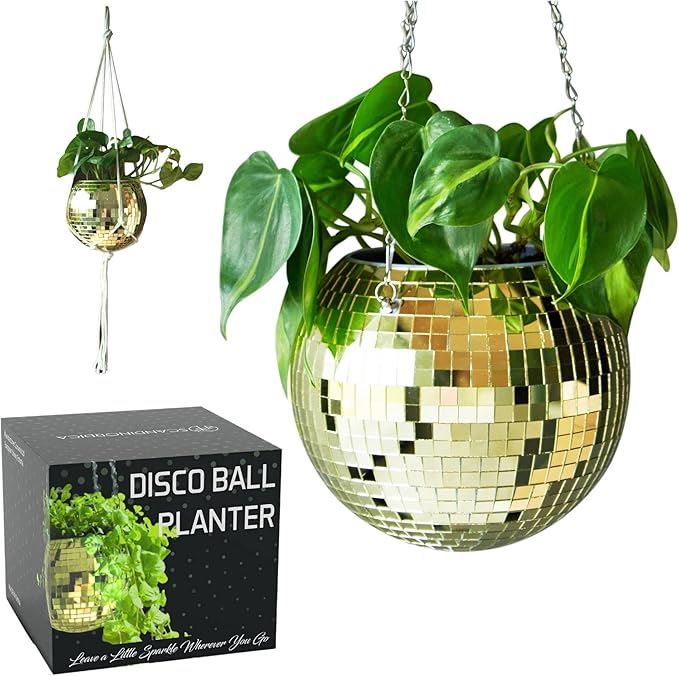 SCANDINORDICA Disco Ball Planter â Value Package: Mirror Disco Planter with Chain, Macrame Hanger and Acrylic Stand for Desk, Includes Self Watering Insert, Disco Decor | 8 inch Gold