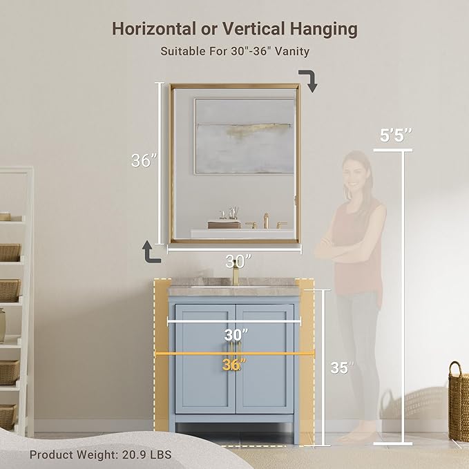 Gold Bathroom Mirror, 30x36 Brushed Gold Bathroom Mirror Beveled Edge,