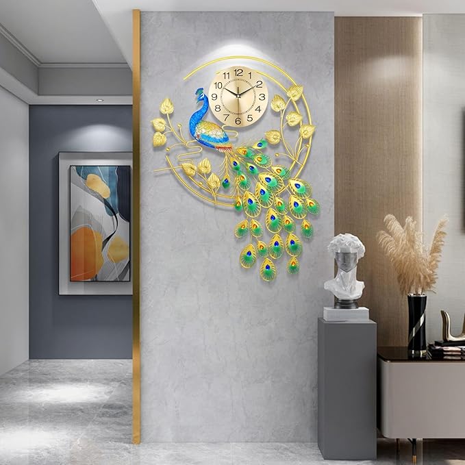 36.6 Inch Large Peacock Wall Clock Non-Ticking Silent, Creative Decorative
