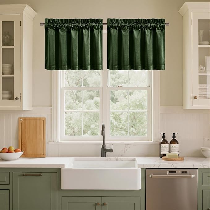 NICETOWN Velvet Cafe Windows Valance, Olive Green Window Treatment