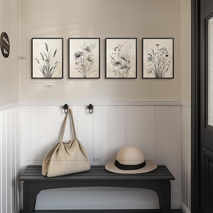 Framed Boho Vintage Botanical Wall Art, 4 Piece Black and White Floral Canvas