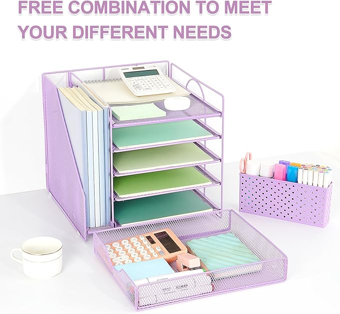 OUTIOE Desk Organizer with Drawer and Pen Holder, 5-Tier Paper Letter Tray Organizer with File Holder, Suitable for Workspace Organizer Office Supplies Storage (Purple)