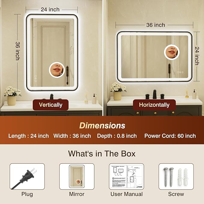24x36 Inch Black Framed LED Bathroom Mirror