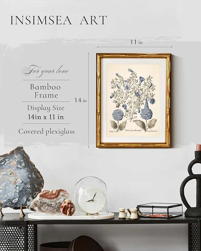 InSimSea Gold Bamboo Framed Canvas Wall Art, Retro Blue Hydrangea Botanical