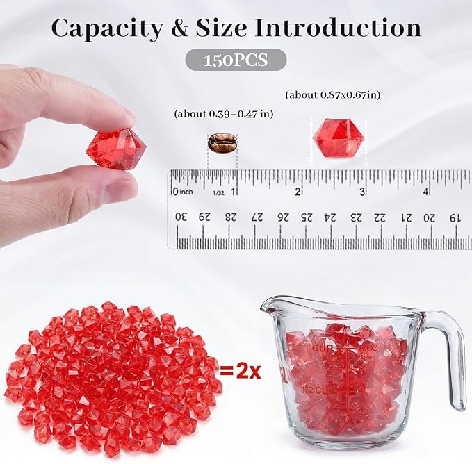 DomeStar Red Fake Ice Rocks, 150PCS Acrylic Gems Crystals Plastic Diamonds Centerpiece for Vase Fillers Wedding Party Table Scatter Decorations