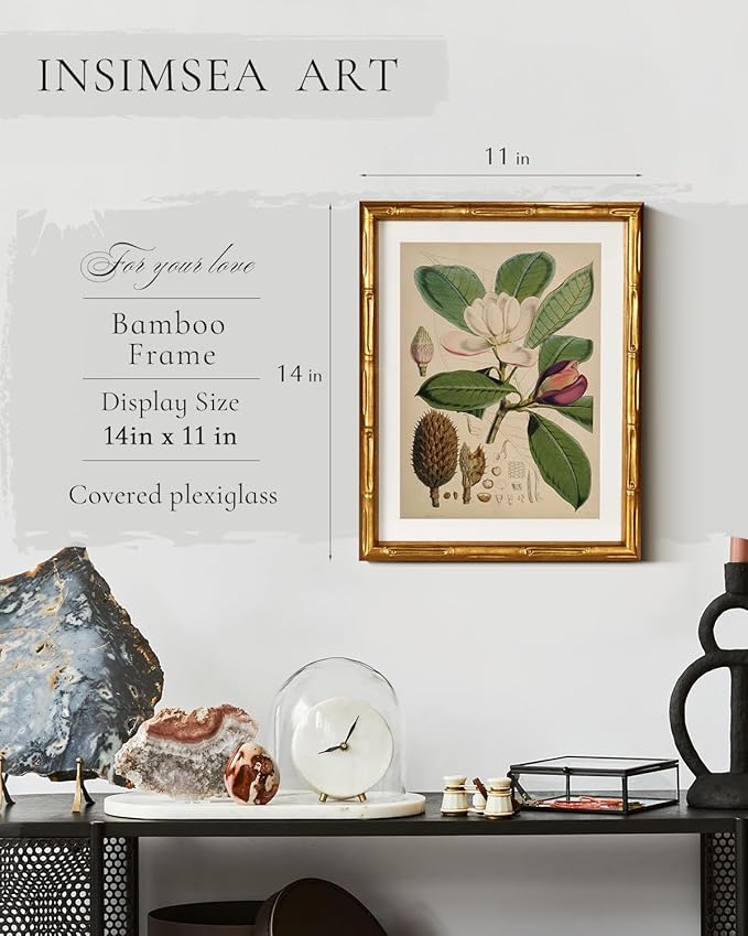 InSimSea Gold Bamboo Framed Canvas Wall Art, Retro Nature Magnolia Botanical