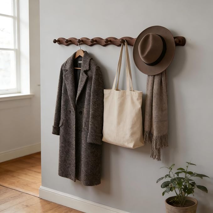 Wood Coat Rack Wall Mount -8 Pack Walnut Coat Hooks