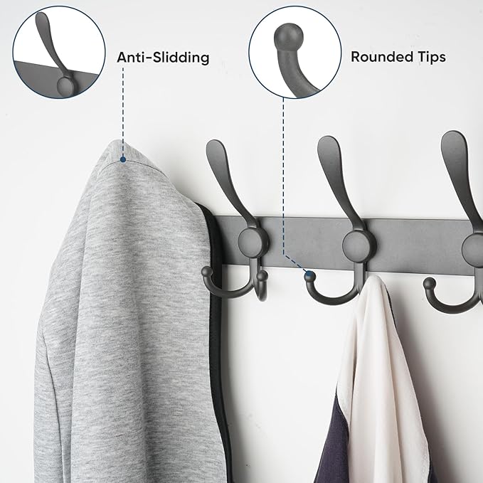 TICONN Wall Mounted Coat Rack, Five Heavy Duty Tri Hooks All Metal Construction