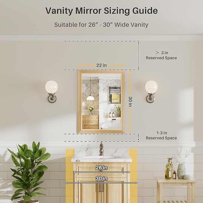 22x30 Inch Bathroom Mirror for Wall, Anti-Rust Oak Wood Grain Metal Framed