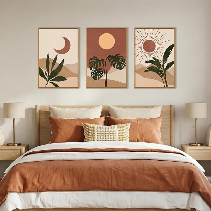 KAIRNE Vintage Sun and Moon Framed Canvas Wall Art Set,Boho Desert Botanical Wall Decor,Abstract Green Terracotta Art Prints,Retro Minimalist Artwork for Living Room,Bedroom,Farmhouse,Office-16"x24"x3
