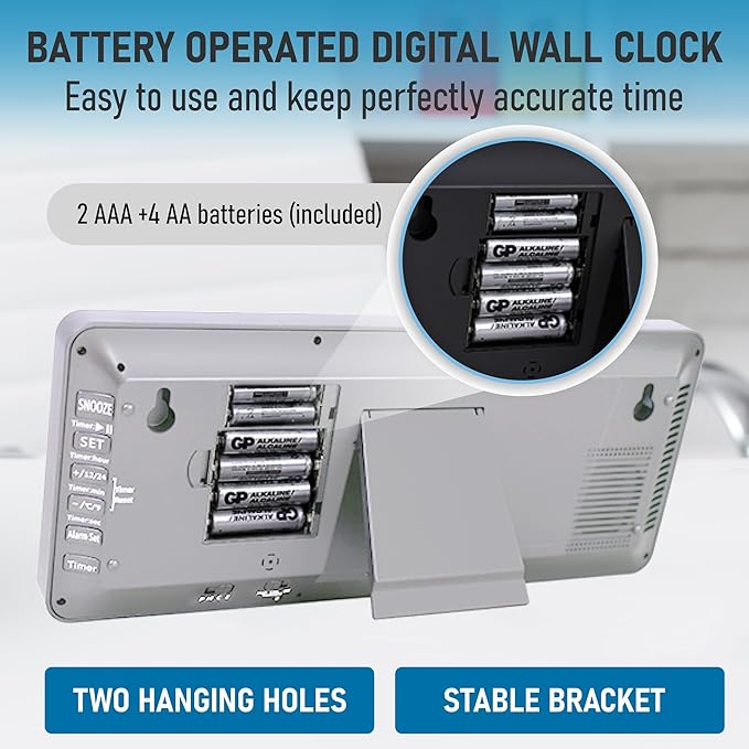 TXL Atomic Clock with Backlight, 14.2" Digital Wall Clock, Battery Operated