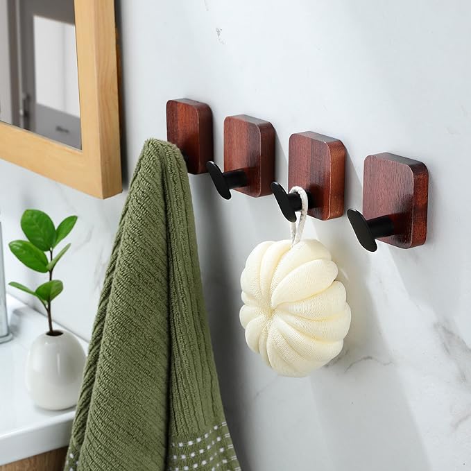 DELITON Acacia Wooden Towel Hooks Red Brown, 4 Pack Sticky Hooks