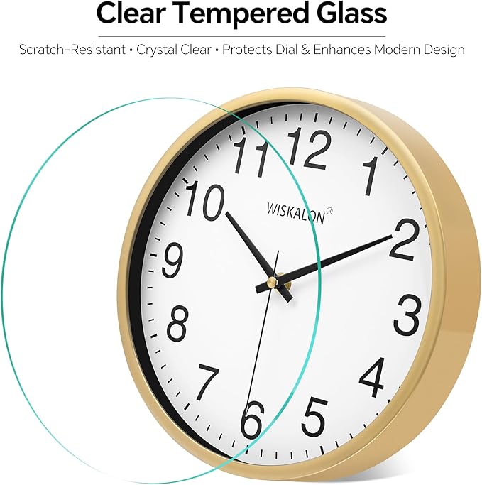 WISKALON 10 inch Wall Clock, Silent Non-Ticking Elegant Golden Frame Clock