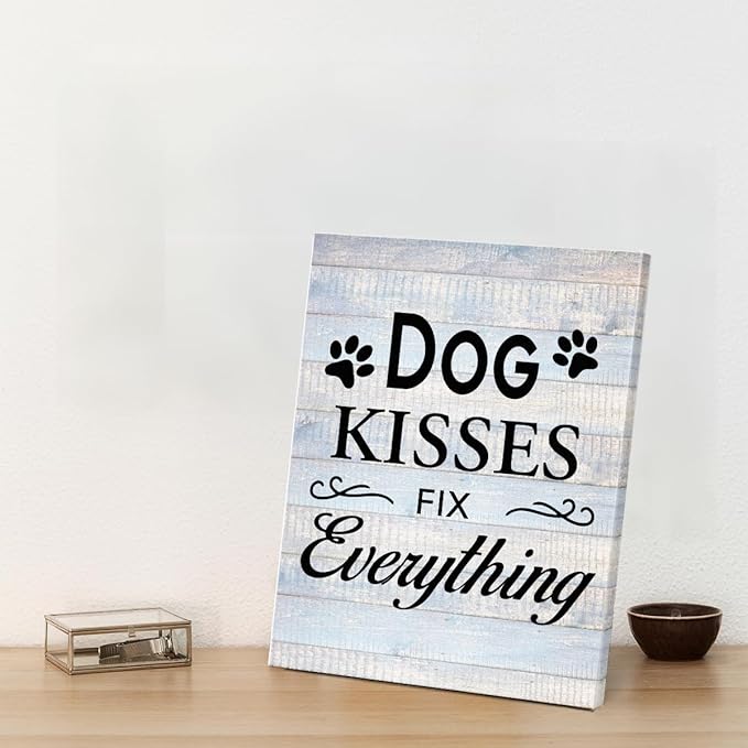 Funny Farmhouse Dog Canvas Wall Art Decor Dog Kisses Fix Everything Rustic Sign