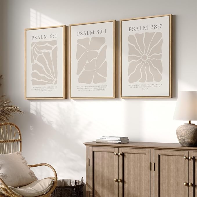 Framed Christian Wall Art Set of 3, Neutral Psalm Scripture Canvas Prints