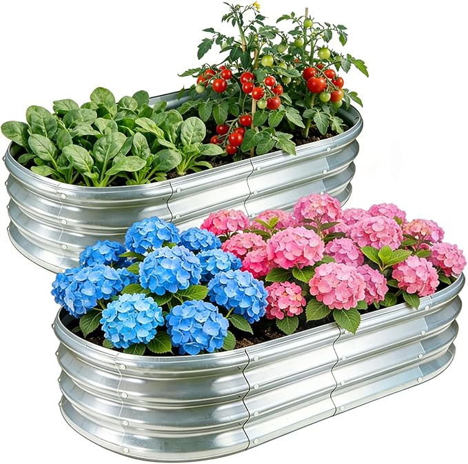 GOOZOO 2PC Galvanized Planter Raised Garden Beds, 4x2x1ft Raised Garden Bed Kit for Gardening Outdoor, Oval Metal Land Planter Box for Vegetables, Fruits, Flowersï¼Silverï¼
