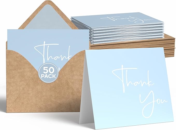 VNS Creations 50 Pack Thank You Cards With Envelopes, Stickers, 3.5x5 Inch Blank Thank You Notes - Bulk Box Set Notes for Graduation, Wedding, Small Business, Baby & Bridal Shower Card - Light Blue