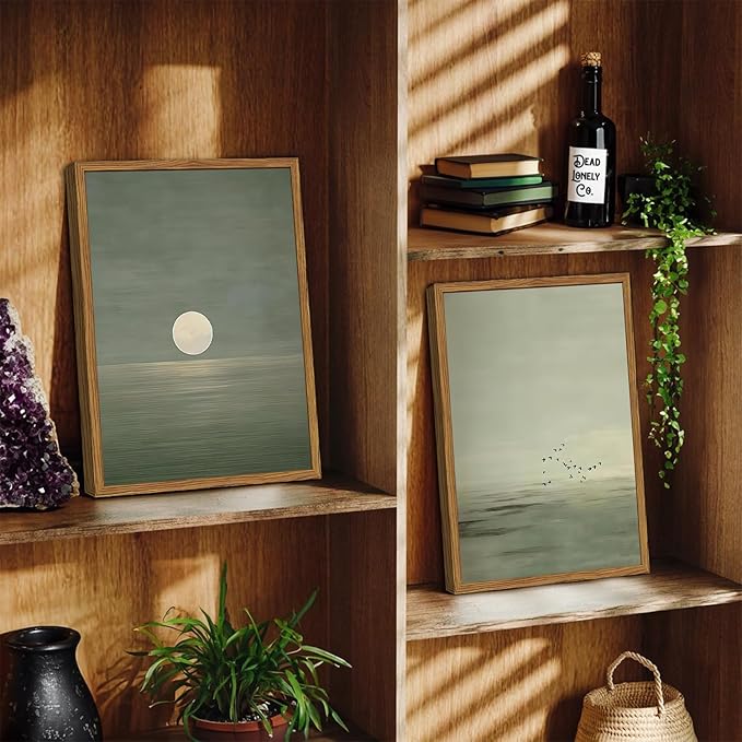 Framed Sage Green Japanese Canvas Wall Art Set of 2, Minimalist Moon and Birds