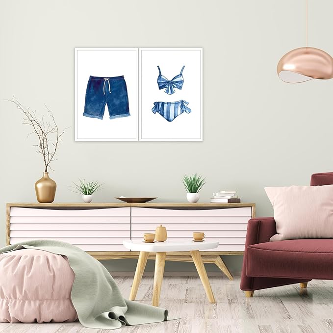 Liyark Set of 2 Retro Navy Blue And White Swimsuit Art Posters Beach Bathing