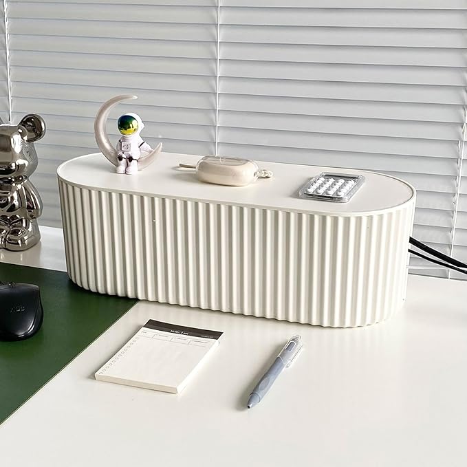 White Cable Management Box, Plastic Cable Box Organizer with Lid for Wire, Power Strip, Surge Protector, Extension Cords Hider Cover Under Home Office Desk and Floor (Large)