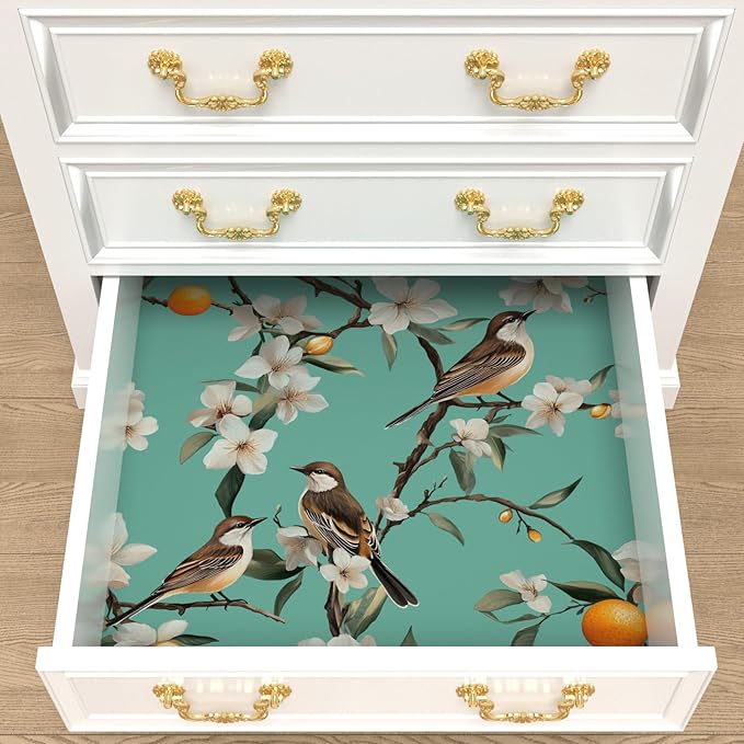 Teal White Bird Floral Wallpaper Peel and Stick, Fresh Orange Tree Contact Paper