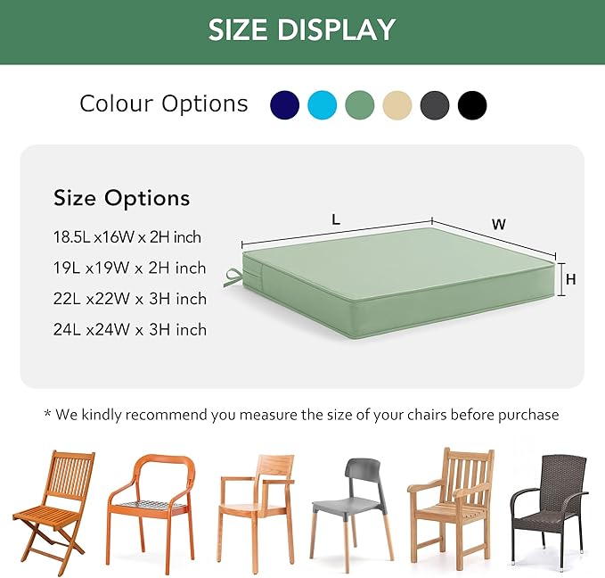 Outdoor Chair Cushions Set of 2: Waterproof & Fade Resistant Deep Seat Cushion for Patio Furniture - 24 x 24 Inch Chair Pad with Ties and Hidden Zipper - Patio Chair Cushion Replacement, Sage Green